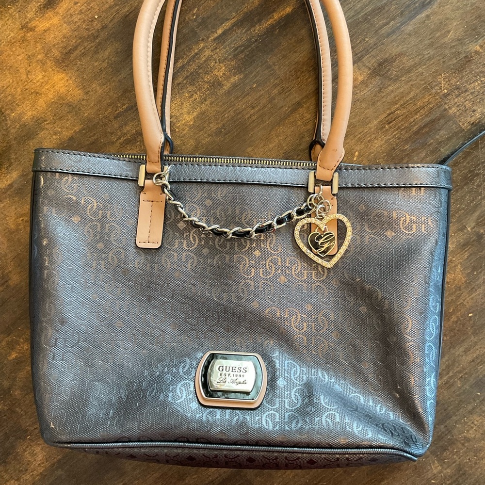 GUESS Monogram Logo Brown Satchel Shoulder Bag Chain Charm Purse gray and tan